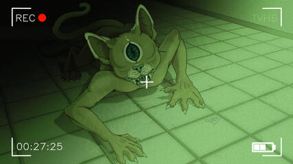 . • Don't Move • . Revenge for the Artfight ! Little illustration of Samuel, a strange cat in a laboratory.