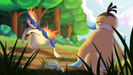 . • Ashe VS Migraine • . Big attack for the ArtFight ! A illustration of two Pokémons, Ashe the quilava and Migraine the psyduck !